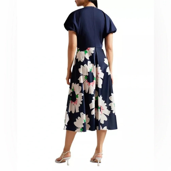Ted Baker Dress Women’s 2 Chic Floral Midi Flare Puff Sleeve Navy Wedding Guest - Picture 3 of 13